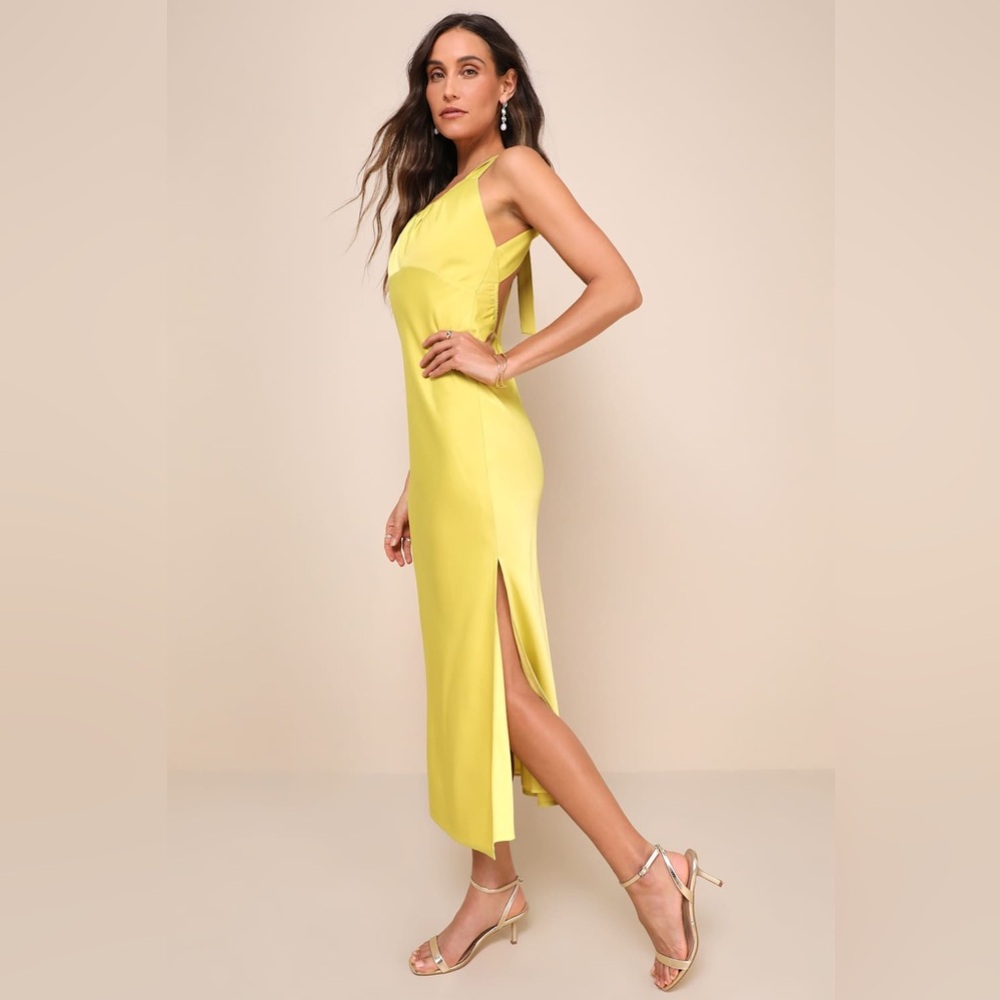 Lulus Certainly Glorious Chartreuse Satin Backless Midi Slip Dress NWT - Picture 4 of 11